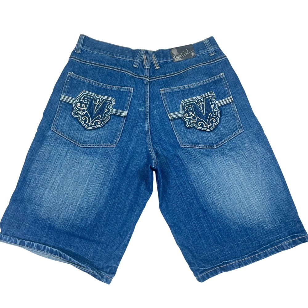 Y2K Makaveli Tupac Denim Shorts Blue Embroidered Baggy Y2K Hip Hop Streetwear 36